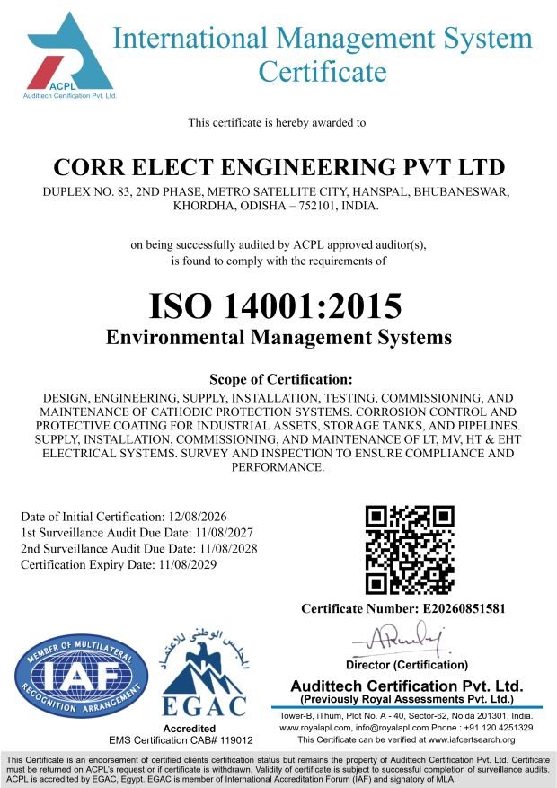 ISO 14001:2015 certificate awarded to Corr Elect Engineering Pvt Ltd