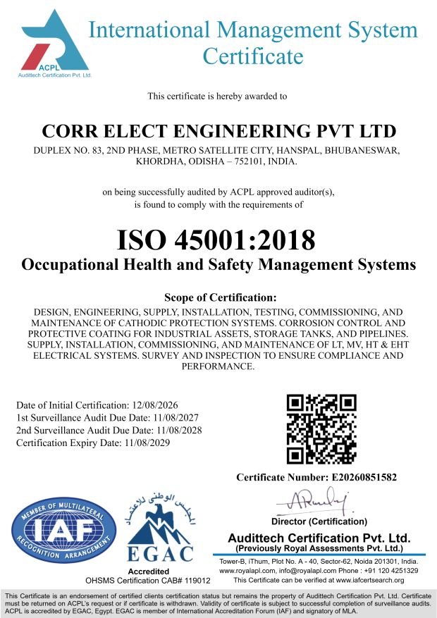 ISO 45001:2018 certificate awarded to Corr Elect Engineering Pvt Ltd